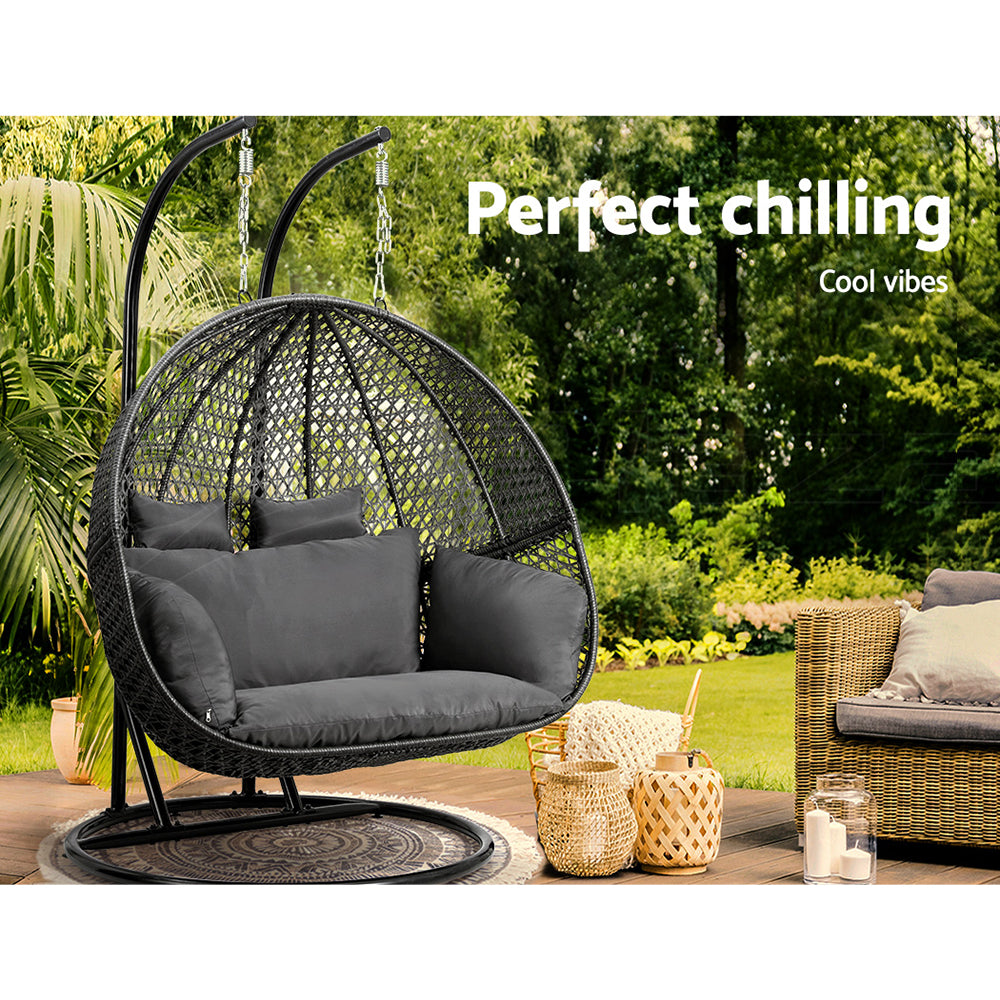 Hanging Egg Chair Double Seat Grey Basket & Black Cushion Egg