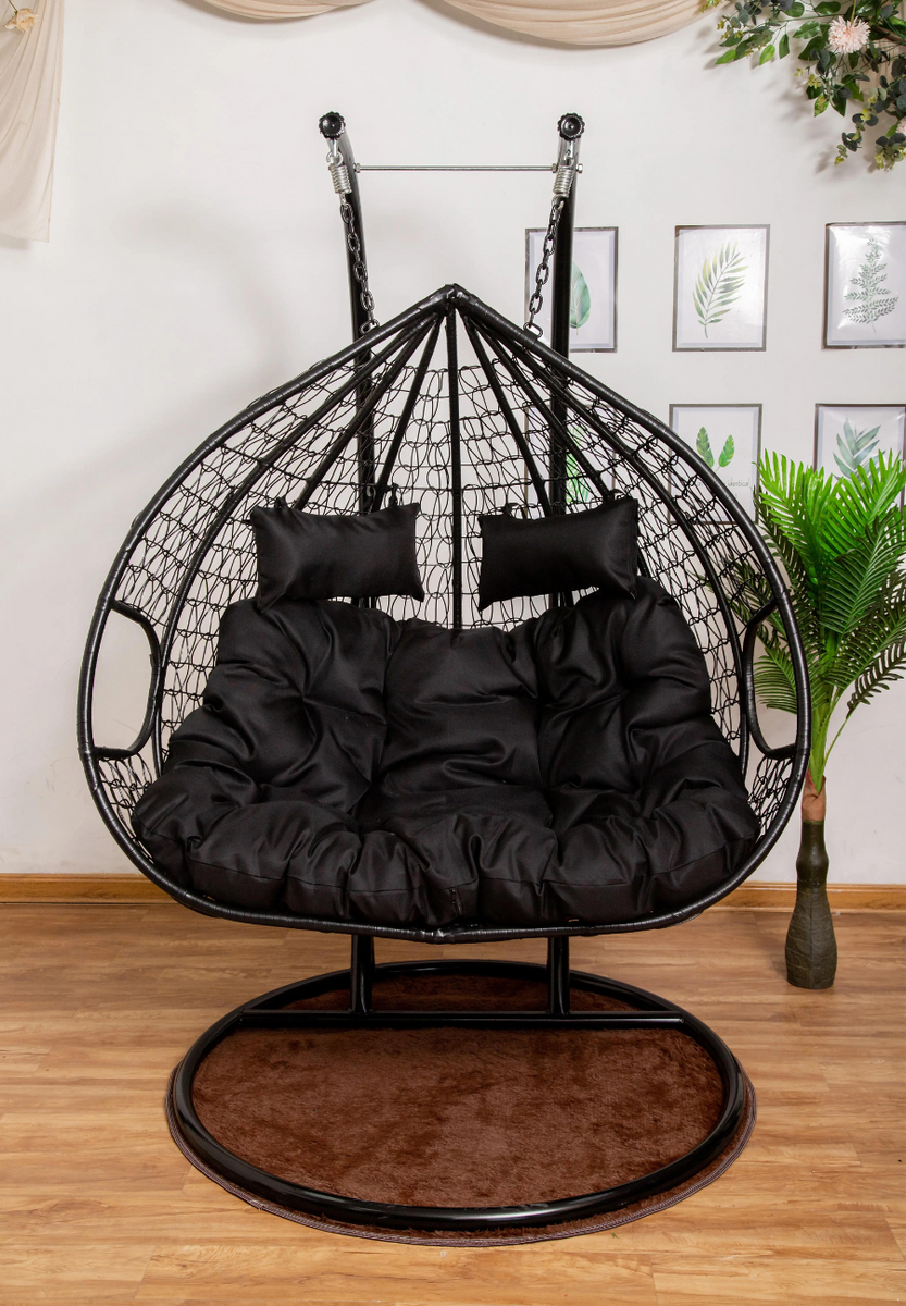King size Hanging Egg Chair Double Seat Black Basket & Gray Cushion