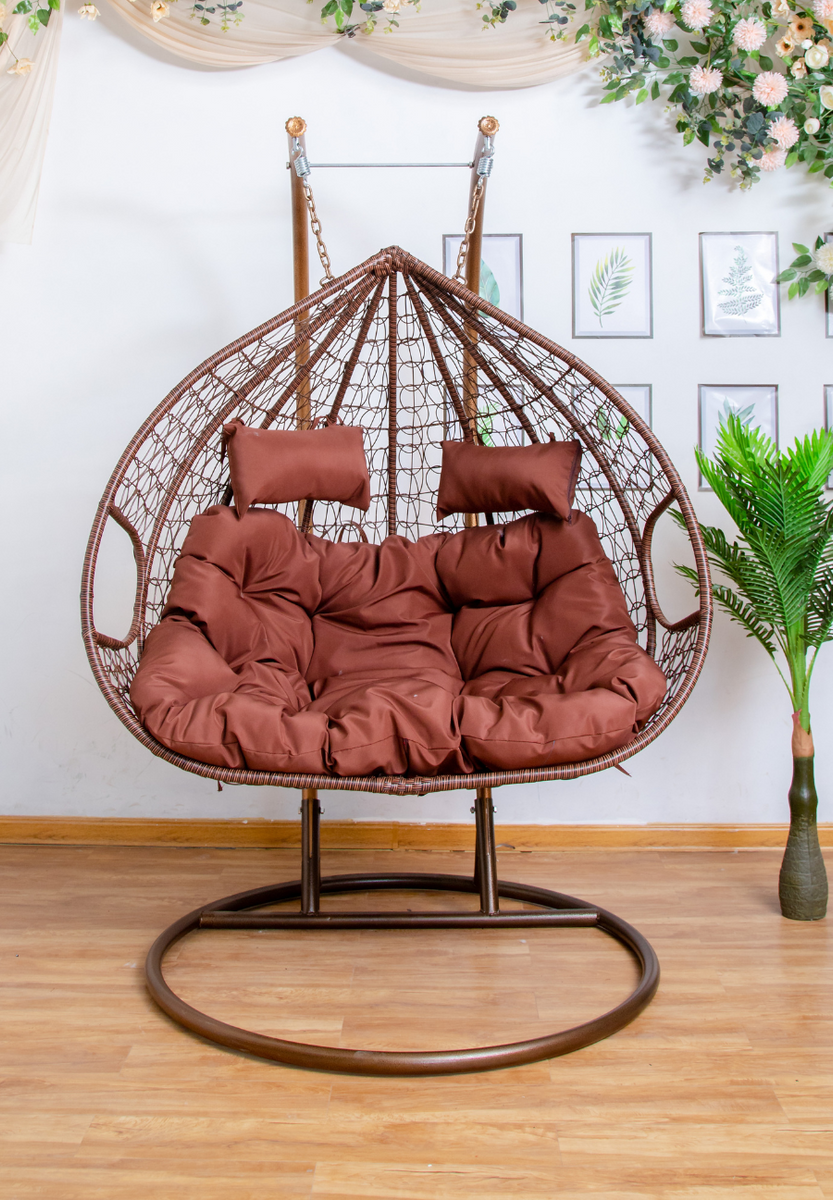King size Hanging Egg Chair Double Seat Brown Basket & Brown Cushion