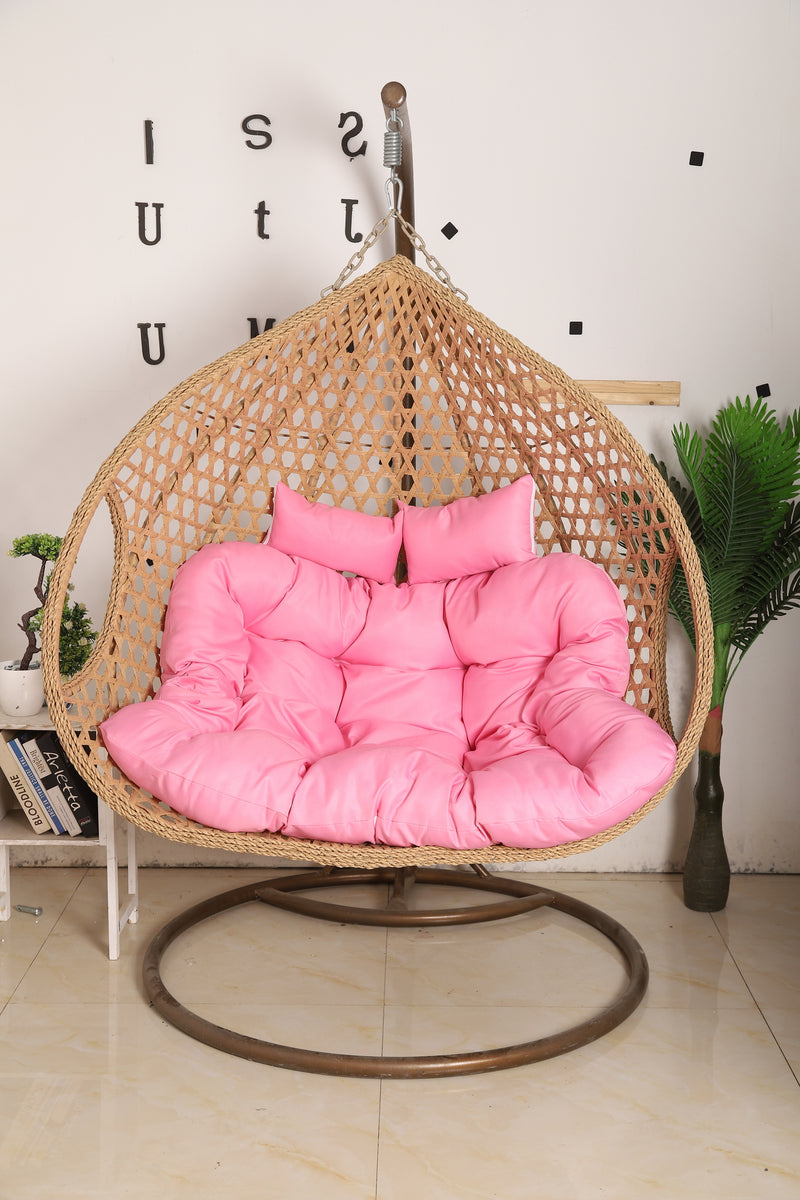 Double Seat Hanging Egg Chair Luxury Model Beige Basket & Pink Cushi