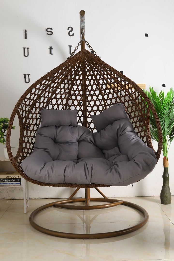 Double Seat Hanging Egg Chair Luxury Brown Basket Grey Cushion