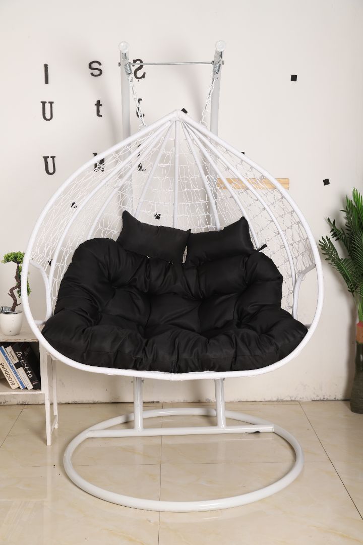 King size Hanging Egg Chair Double Seat White Basket & Black Cushion