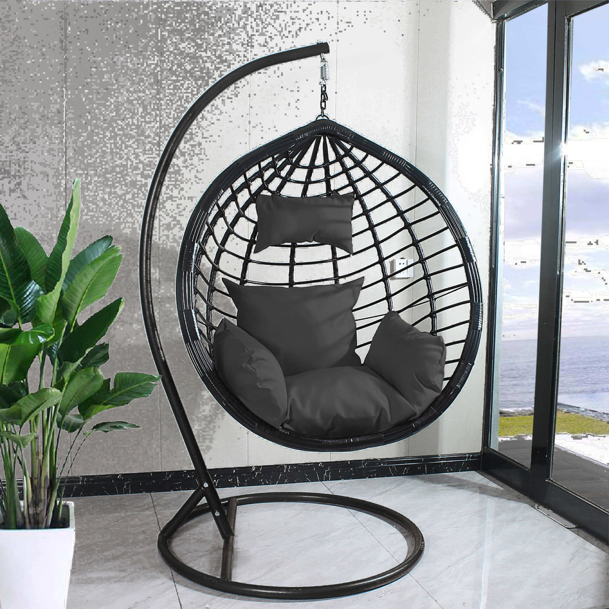 Egg Chair Stripe Pattern Black Basket & Black Cushion Egg Chairs
